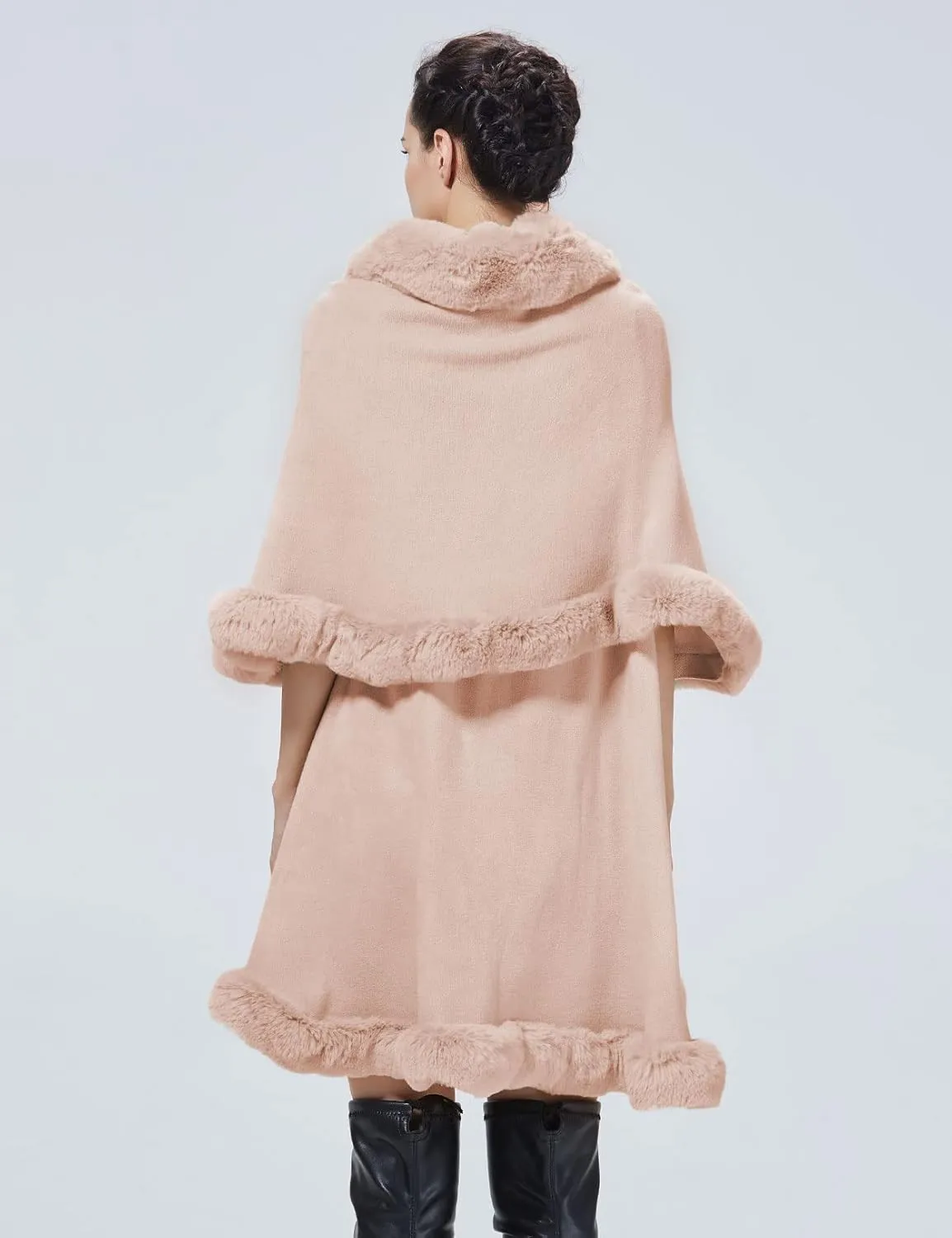 Winter Poncho Shawl Wrap Women Cape Faux Fur Trim Coat Sleeveless Cardigan Dressy Cloak
