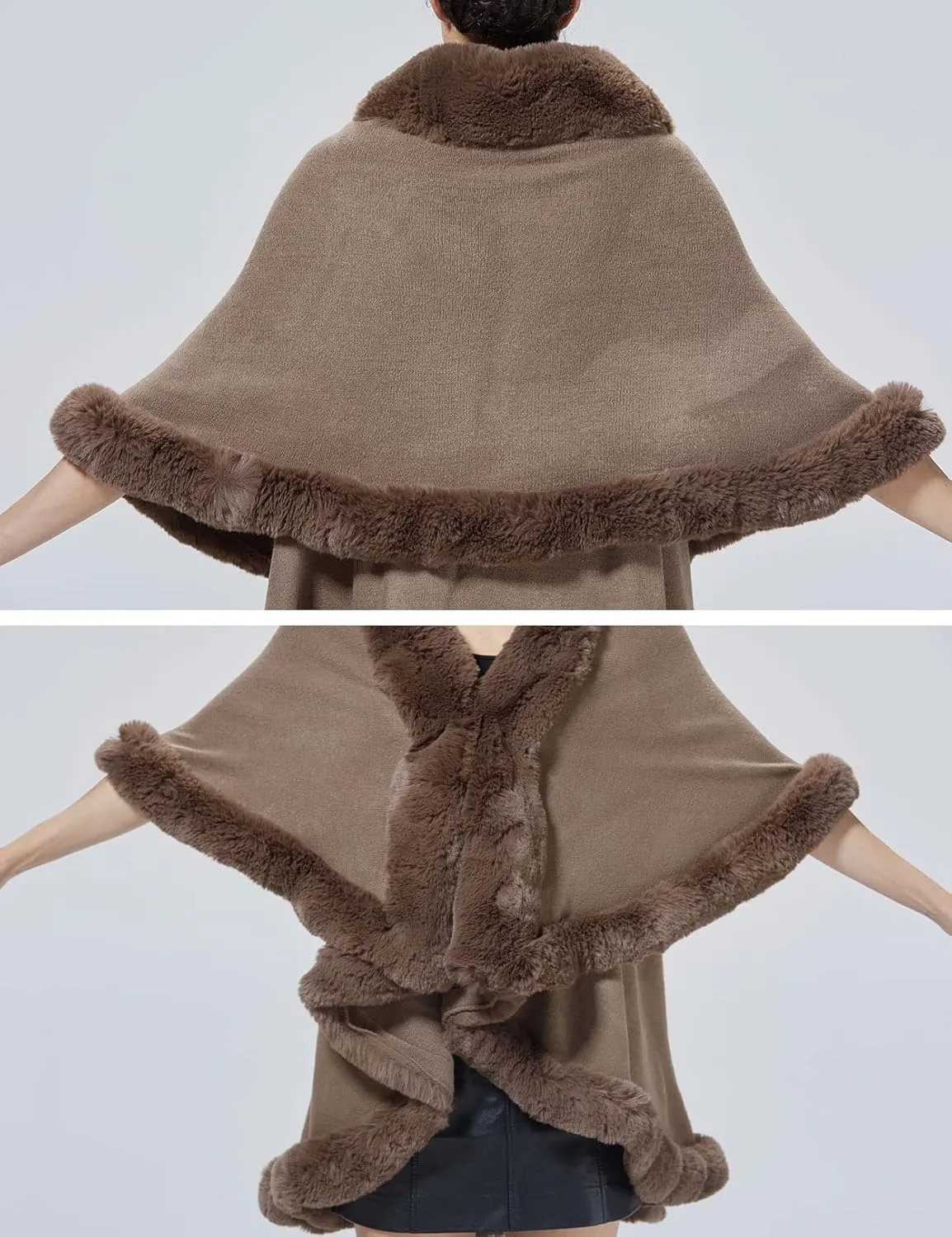 Winter Poncho Shawl Wrap Women Cape Faux Fur Trim Coat Sleeveless Cardigan Dressy Cloak