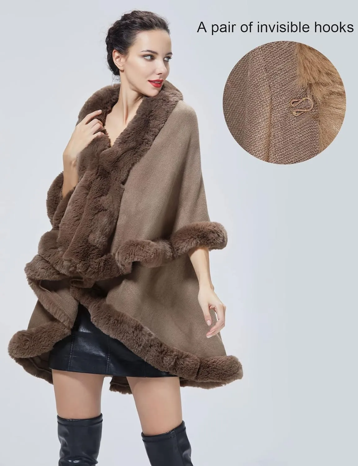 Winter Poncho Shawl Wrap Women Cape Faux Fur Trim Coat Sleeveless Cardigan Dressy Cloak