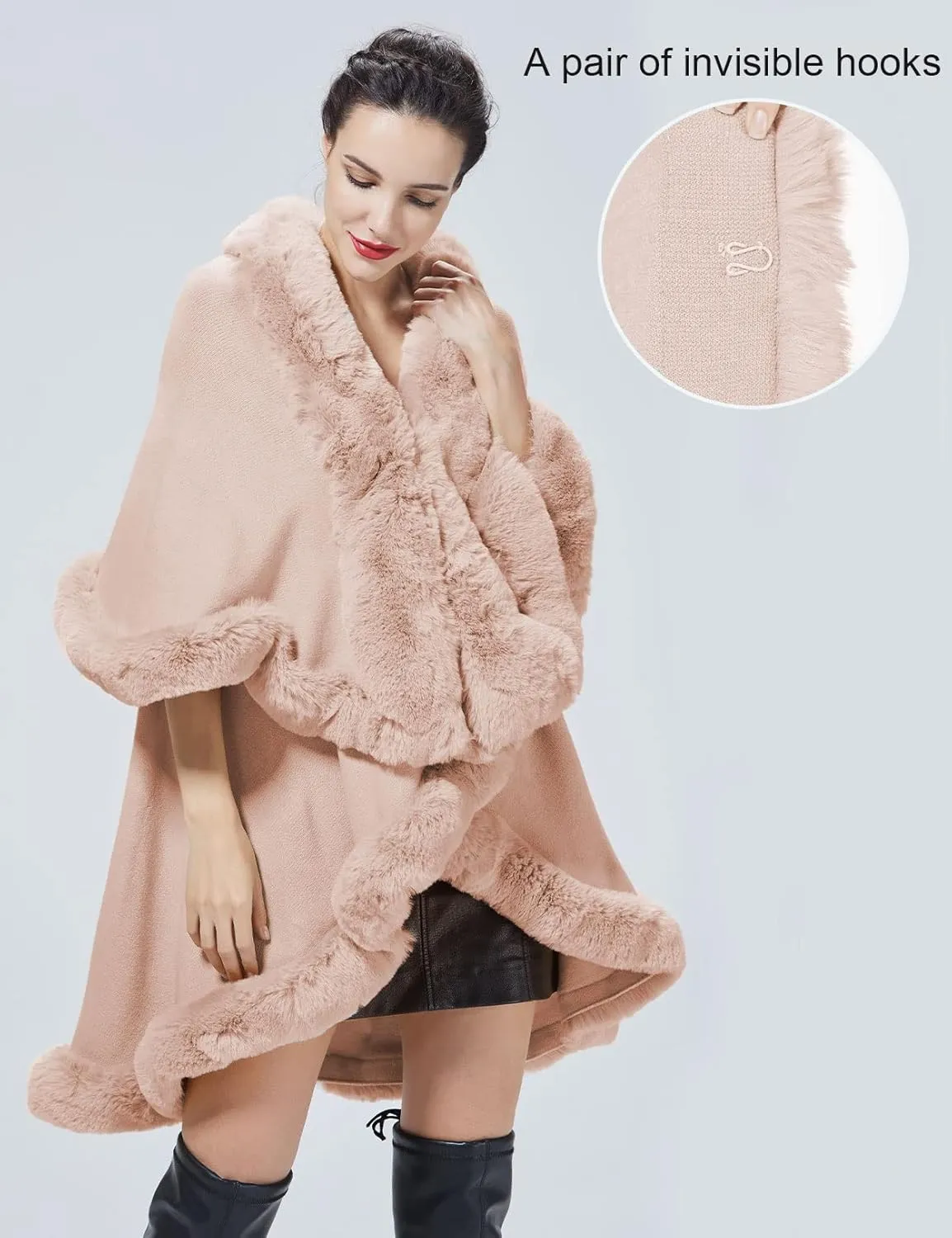 Winter Poncho Shawl Wrap Women Cape Faux Fur Trim Coat Sleeveless Cardigan Dressy Cloak