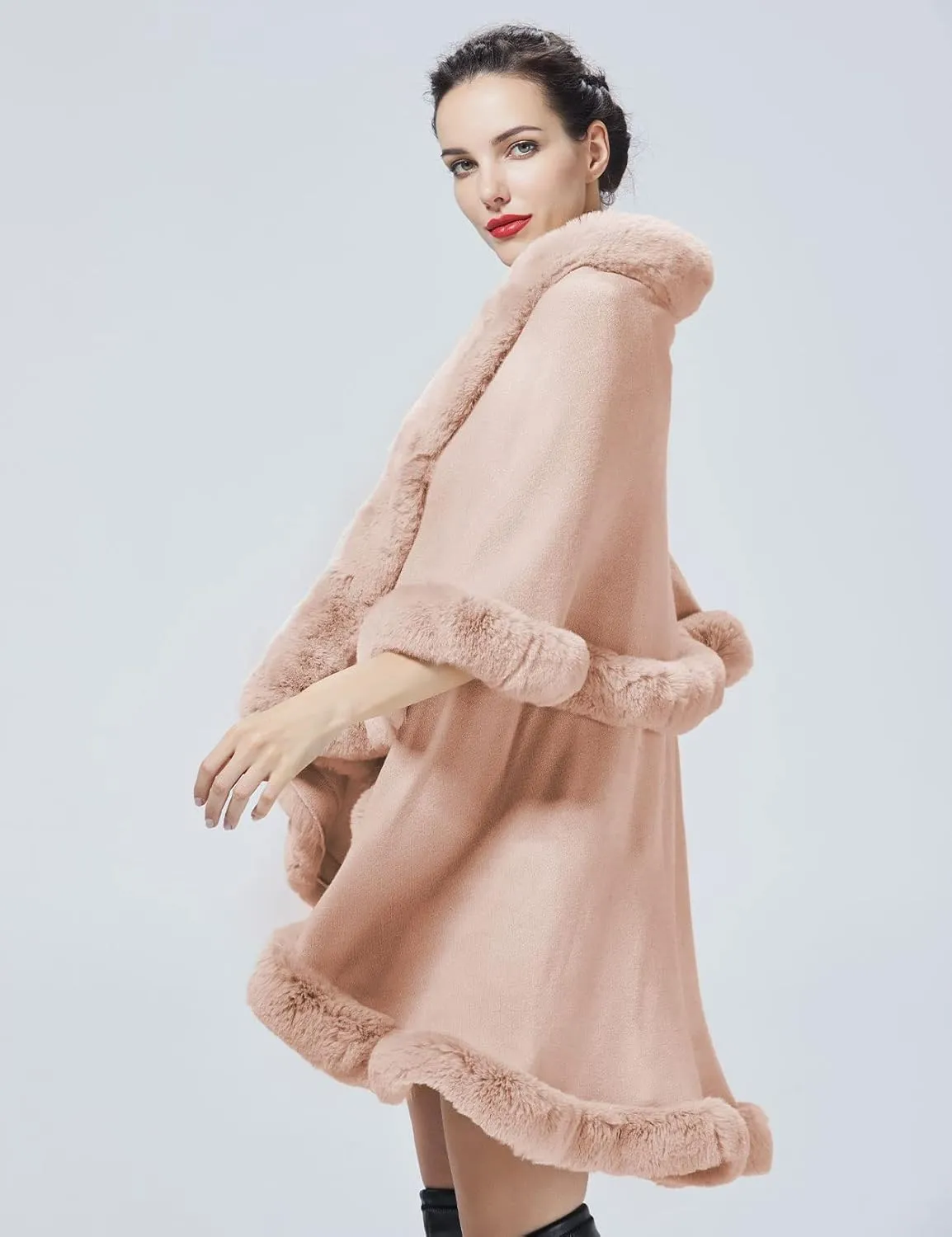 Winter Poncho Shawl Wrap Women Cape Faux Fur Trim Coat Sleeveless Cardigan Dressy Cloak