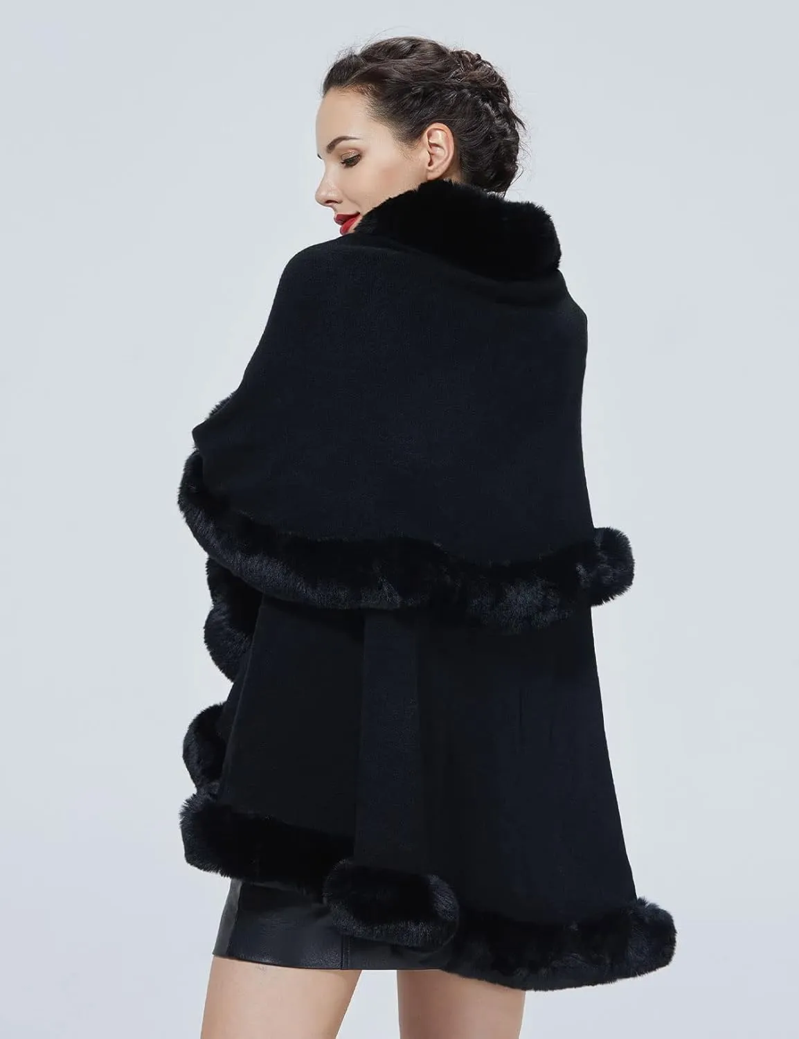 Winter Poncho Shawl Wrap Women Cape Faux Fur Trim Coat Sleeveless Cardigan Dressy Cloak
