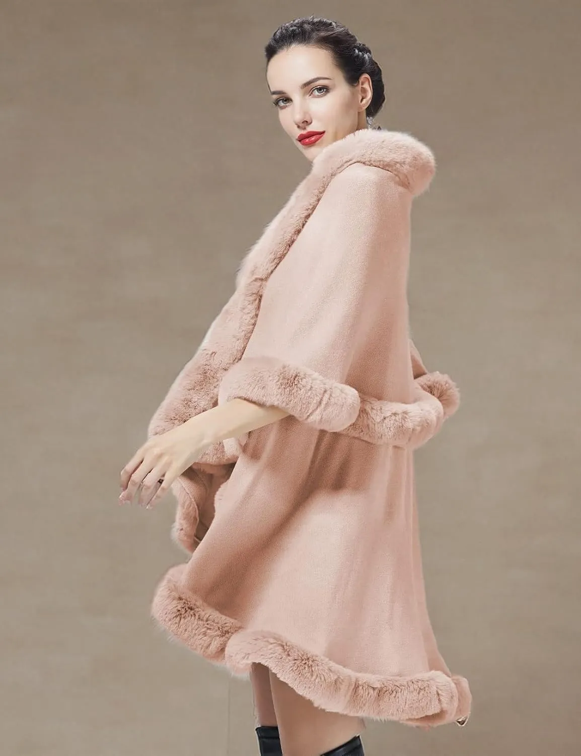 Winter Poncho Shawl Wrap Women Cape Faux Fur Trim Coat Sleeveless Cardigan Dressy Cloak