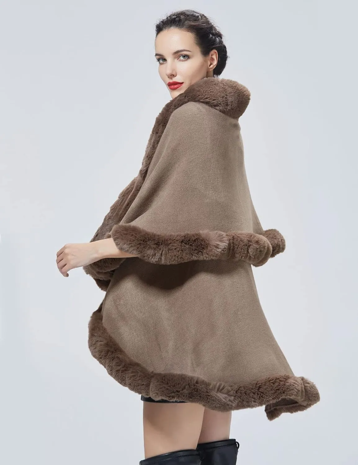 Winter Poncho Shawl Wrap Women Cape Faux Fur Trim Coat Sleeveless Cardigan Dressy Cloak