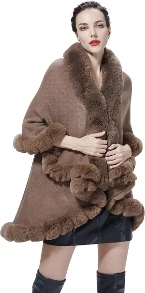 Winter Poncho Shawl Wrap Women Cape Faux Fur Trim Coat Sleeveless Cardigan Dressy Cloak