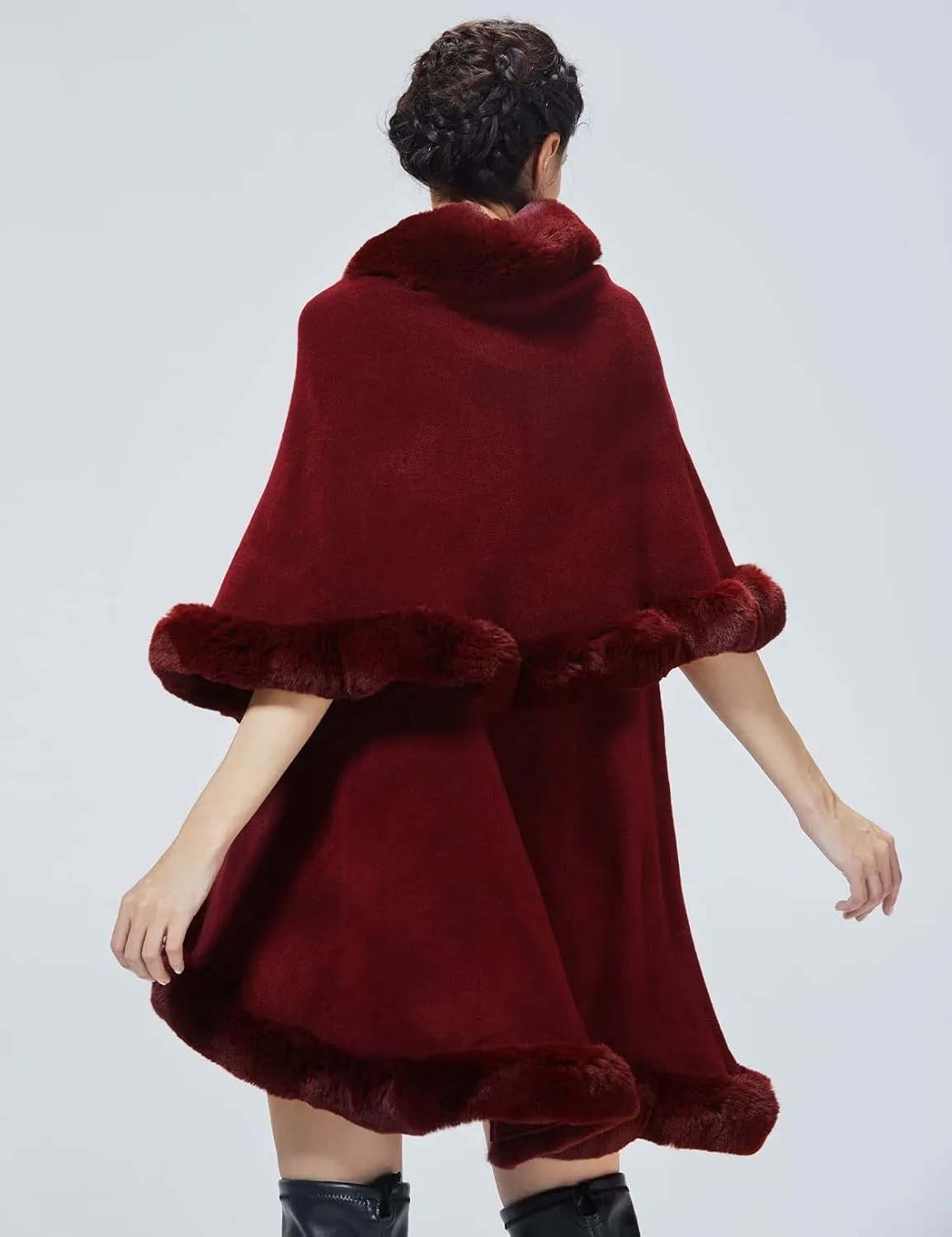 Winter Poncho Shawl Wrap Women Cape Faux Fur Trim Coat Sleeveless Cardigan Dressy Cloak