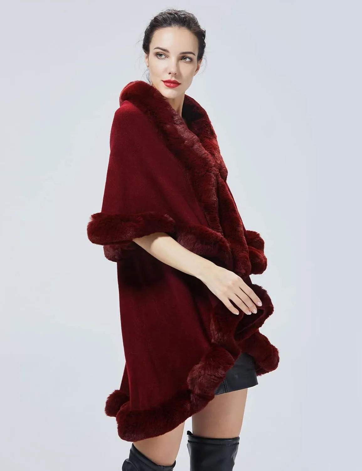 Winter Poncho Shawl Wrap Women Cape Faux Fur Trim Coat Sleeveless Cardigan Dressy Cloak