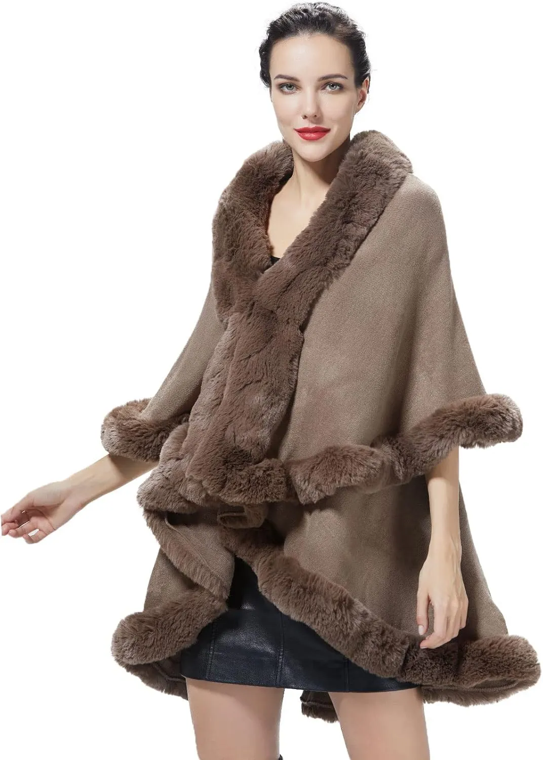 Winter Poncho Shawl Wrap Women Cape Faux Fur Trim Coat Sleeveless Cardigan Dressy Cloak