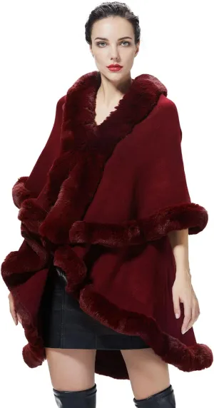 Winter Poncho Shawl Wrap Women Cape Faux Fur Trim Coat Sleeveless Cardigan Dressy Cloak