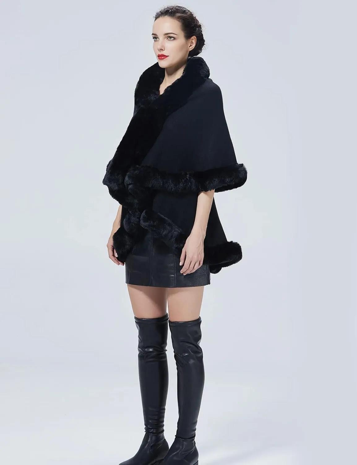 Winter Poncho Shawl Wrap Women Cape Faux Fur Trim Coat Sleeveless Cardigan Dressy Cloak