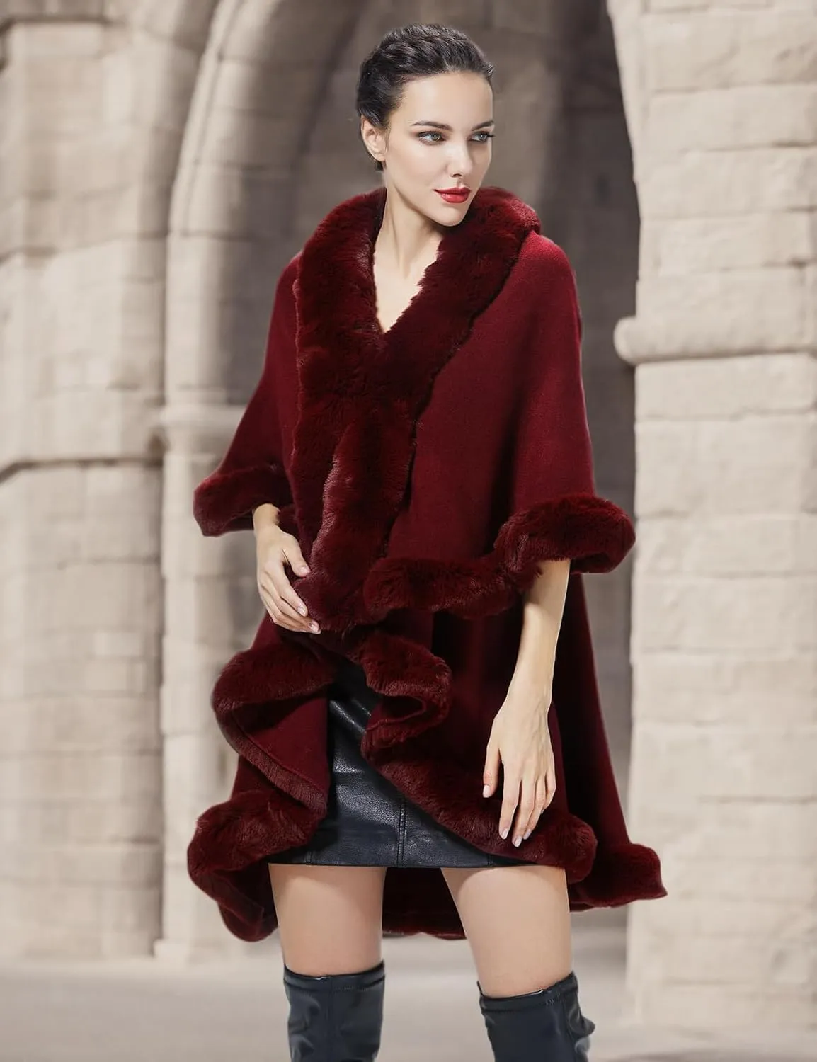Winter Poncho Shawl Wrap Women Cape Faux Fur Trim Coat Sleeveless Cardigan Dressy Cloak