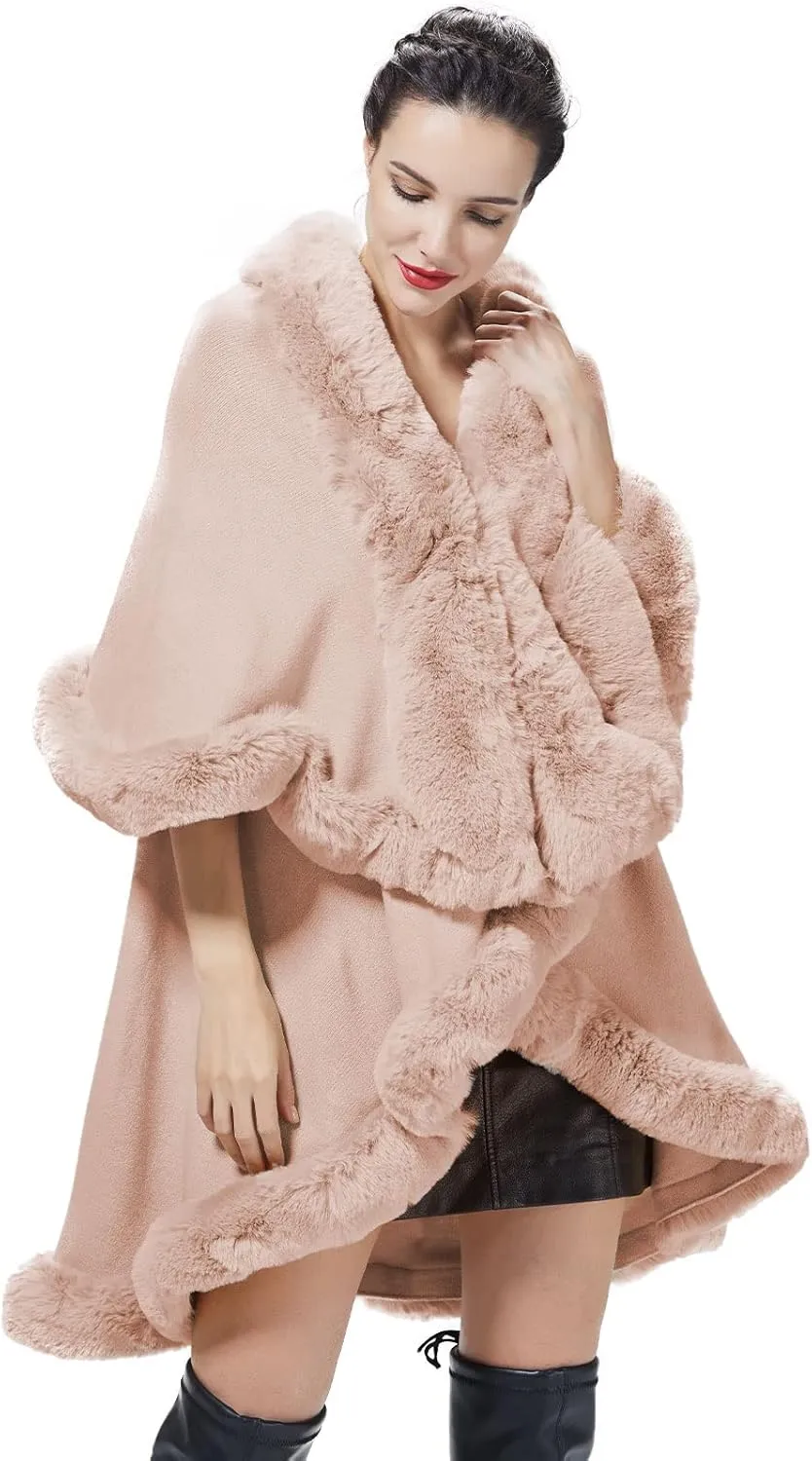 Winter Poncho Shawl Wrap Women Cape Faux Fur Trim Coat Sleeveless Cardigan Dressy Cloak