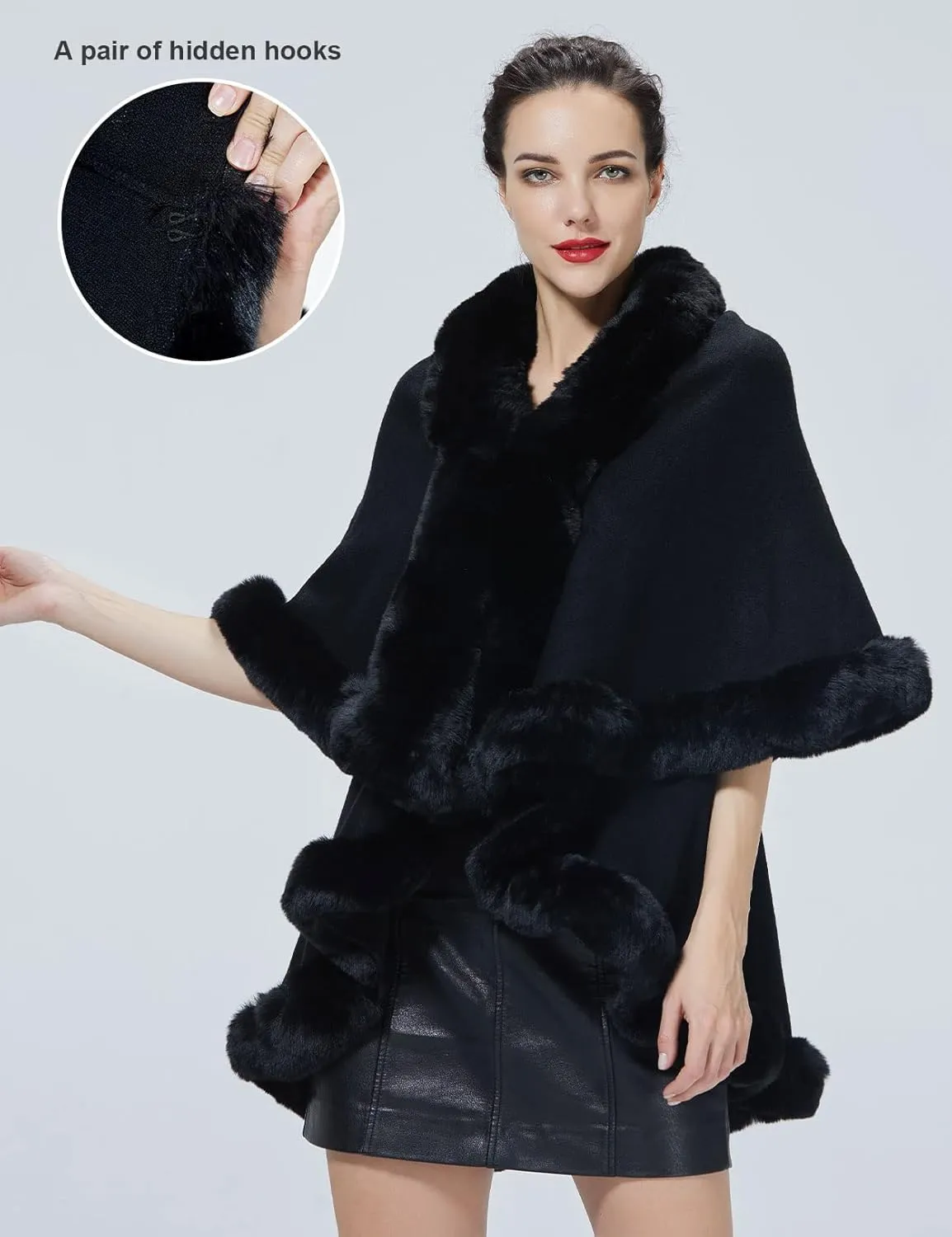Winter Poncho Shawl Wrap Women Cape Faux Fur Trim Coat Sleeveless Cardigan Dressy Cloak