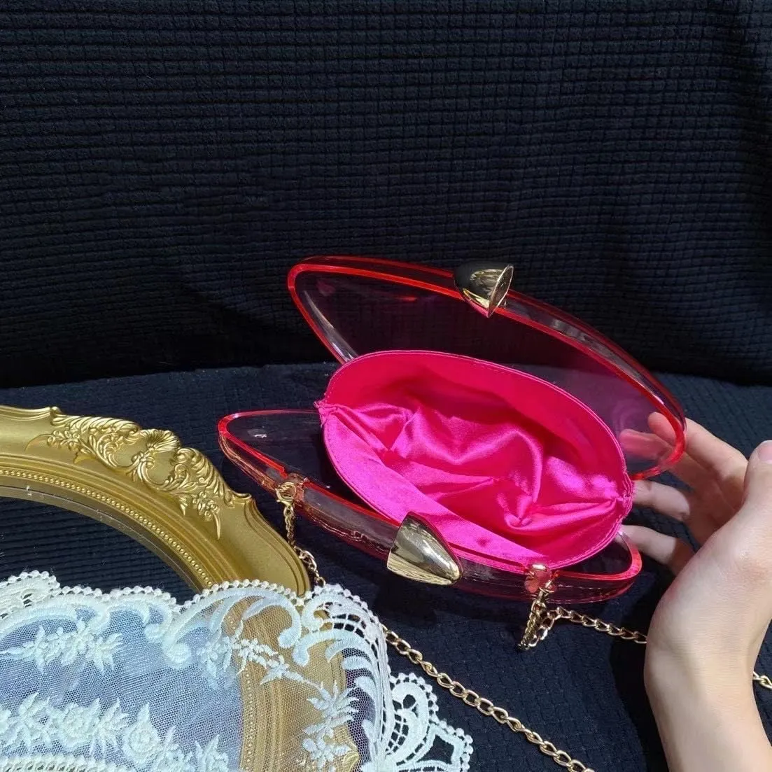Women Acrylic Evening Clutch Purse Unique Clear Handbag with Detachable Chain for Wedding Party Prom, Blue