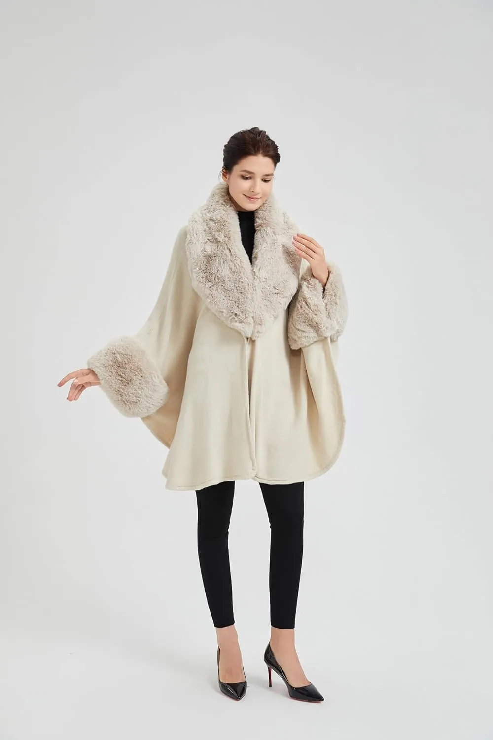 Women Cape Poncho with Fur Trim Winter Faux Fur Shawl Wrap Coat Sleeveless Cardigan Cloak