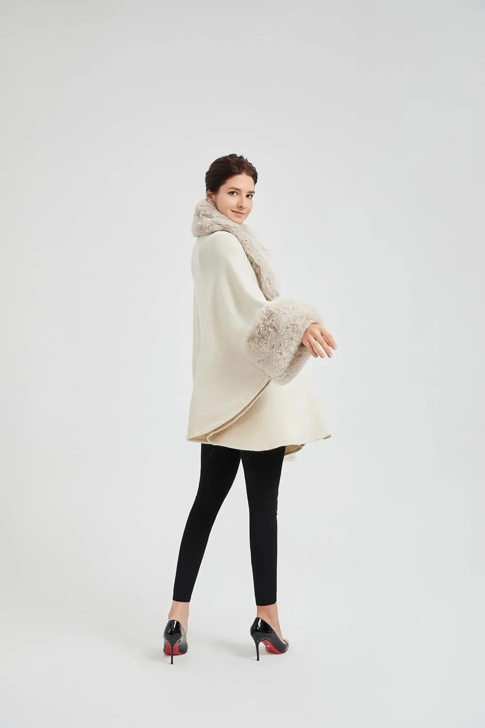Women Cape Poncho with Fur Trim Winter Faux Fur Shawl Wrap Coat Sleeveless Cardigan Cloak