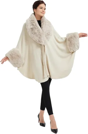 Women Cape Poncho with Fur Trim Winter Faux Fur Shawl Wrap Coat Sleeveless Cardigan Cloak