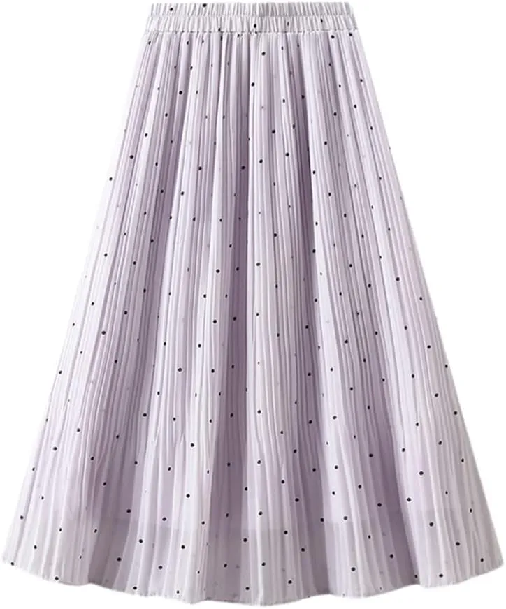 Women Chiffon Midi Long Pleated Skirt High Waist Black White Polka Dot A-Line Skirt