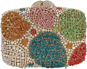 Women Colorful Rhinestones Leaf Handbag Crystal Evening Bag Luxury Rhinestone Wallet for Wedding Prom Party