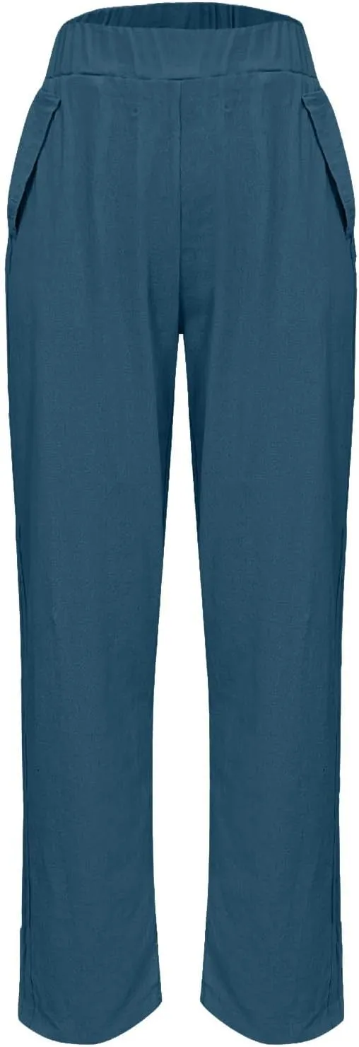 Women Cotton Linen Pant Solid Color Elastic Waist Slacks Straight Leg Comfy Pants Casual Lounge Trousers