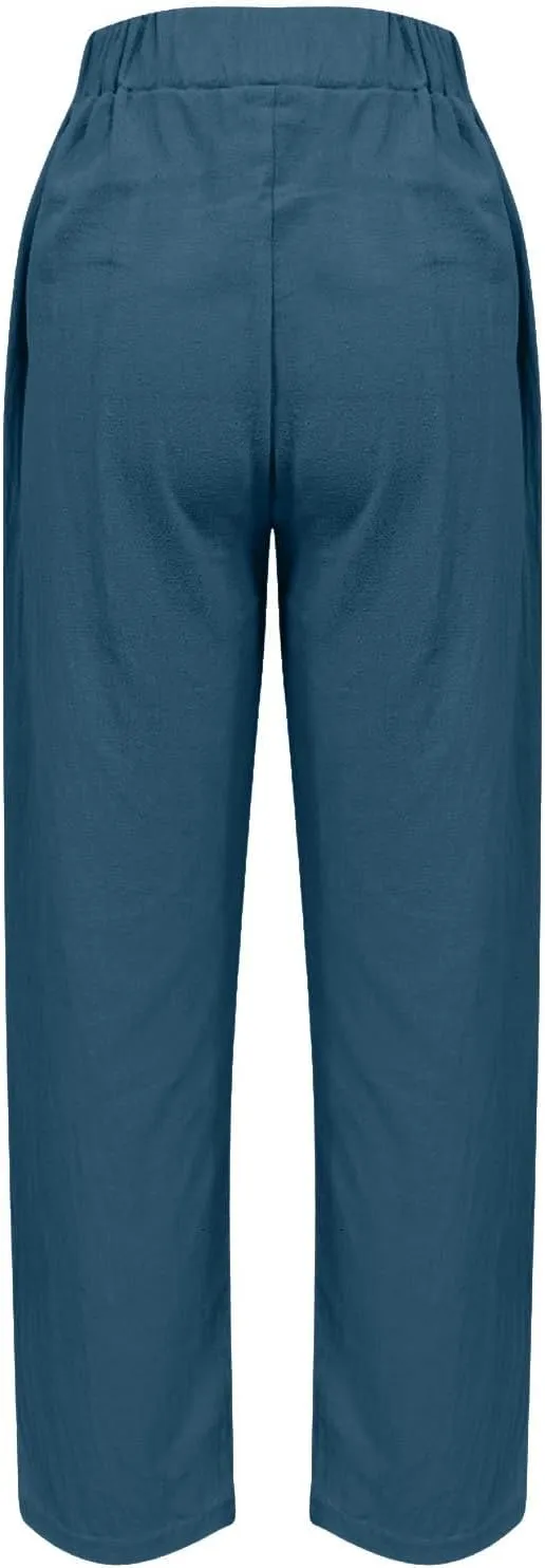 Women Cotton Linen Pant Solid Color Elastic Waist Slacks Straight Leg Comfy Pants Casual Lounge Trousers