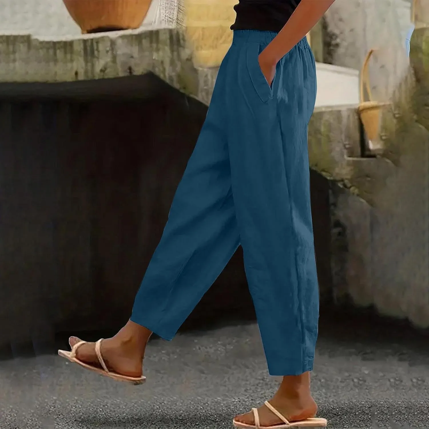 Women Cotton Linen Pant Solid Color Elastic Waist Slacks Straight Leg Comfy Pants Casual Lounge Trousers