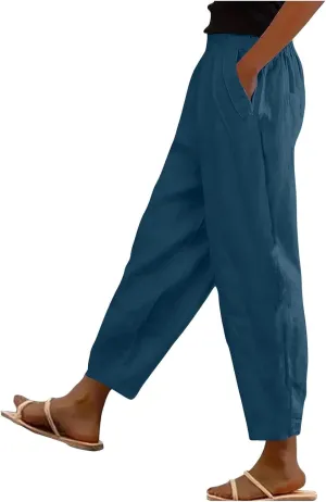 Women Cotton Linen Pant Solid Color Elastic Waist Slacks Straight Leg Comfy Pants Casual Lounge Trousers