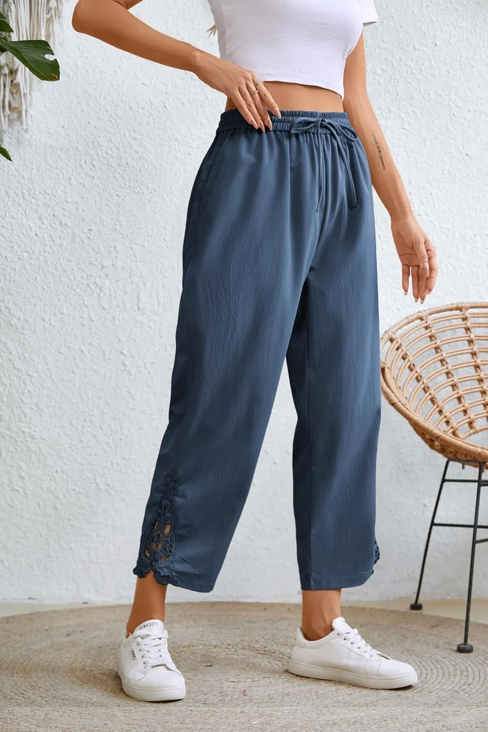 Women Fashion 2025 Casual Lightweight Drawstring Elastic Waist Pants with Pockets