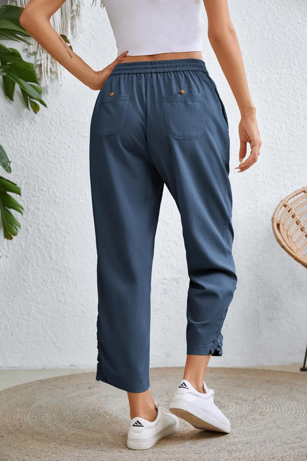 Women Fashion 2025 Casual Lightweight Drawstring Elastic Waist Pants with Pockets