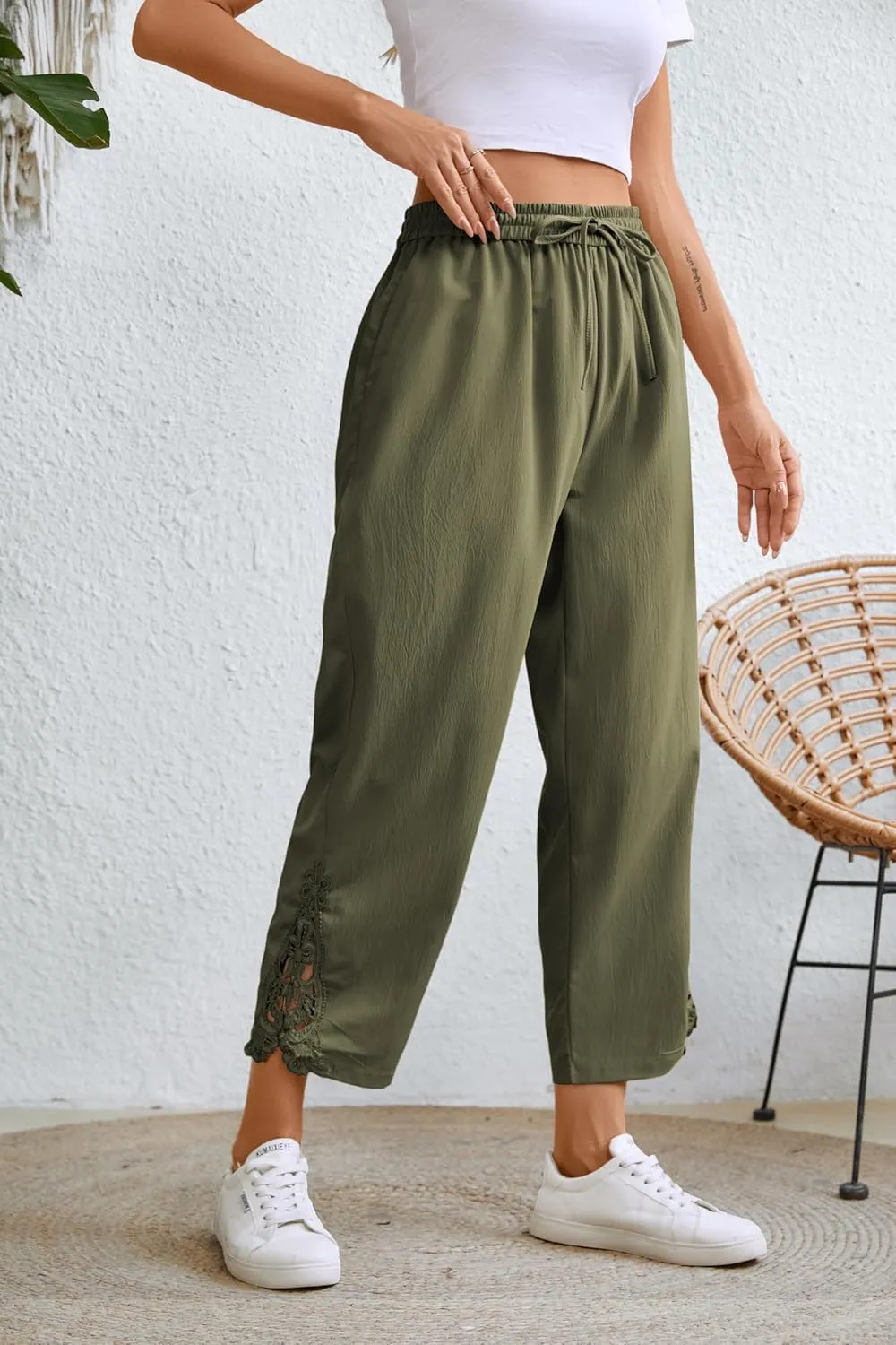 Women Fashion 2025 Casual Lightweight Drawstring Elastic Waist Pants with Pockets