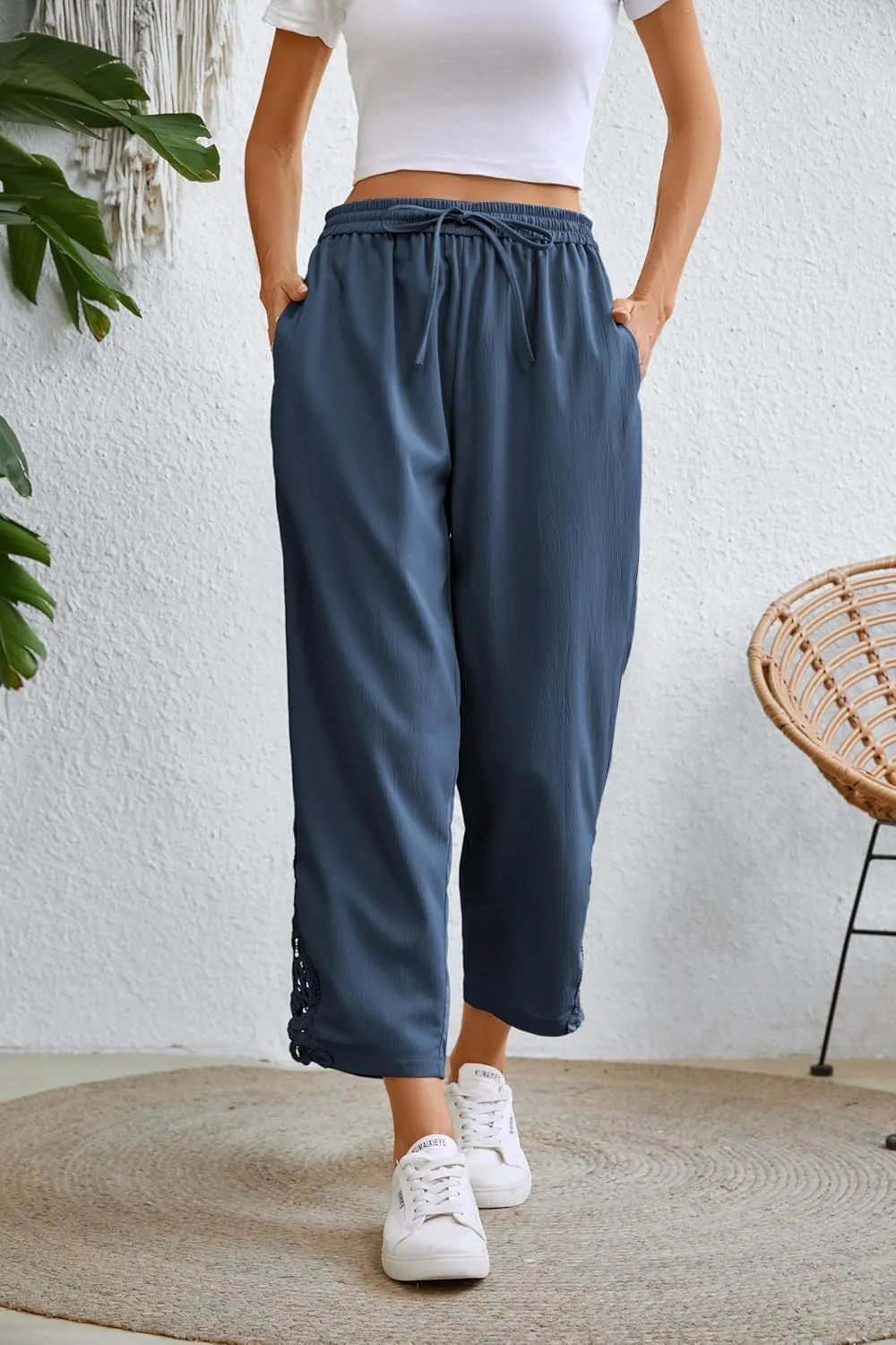 Women Fashion 2025 Casual Lightweight Drawstring Elastic Waist Pants with Pockets