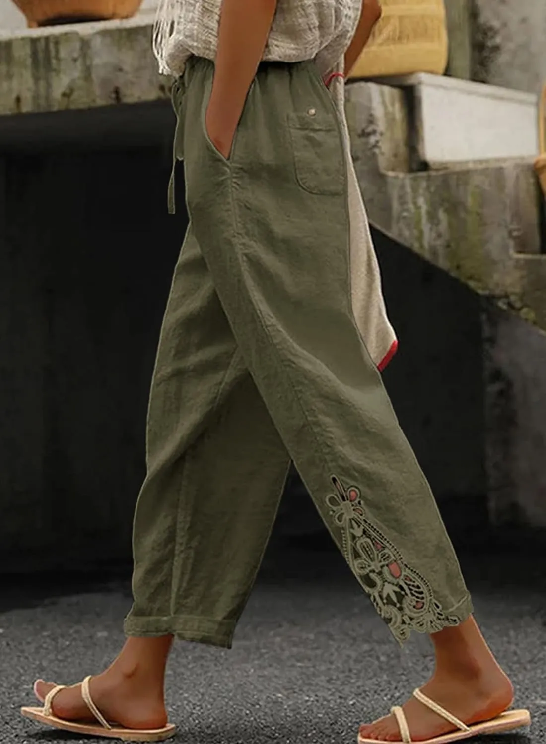 Women Fashion 2025 Casual Lightweight Drawstring Elastic Waist Pants with Pockets
