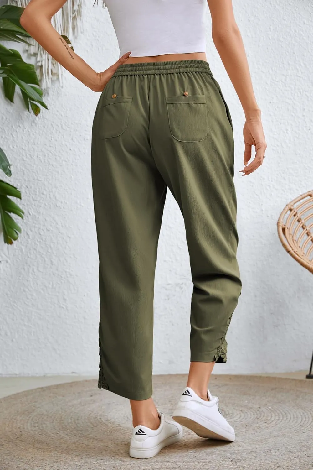 Women Fashion 2025 Casual Lightweight Drawstring Elastic Waist Pants with Pockets