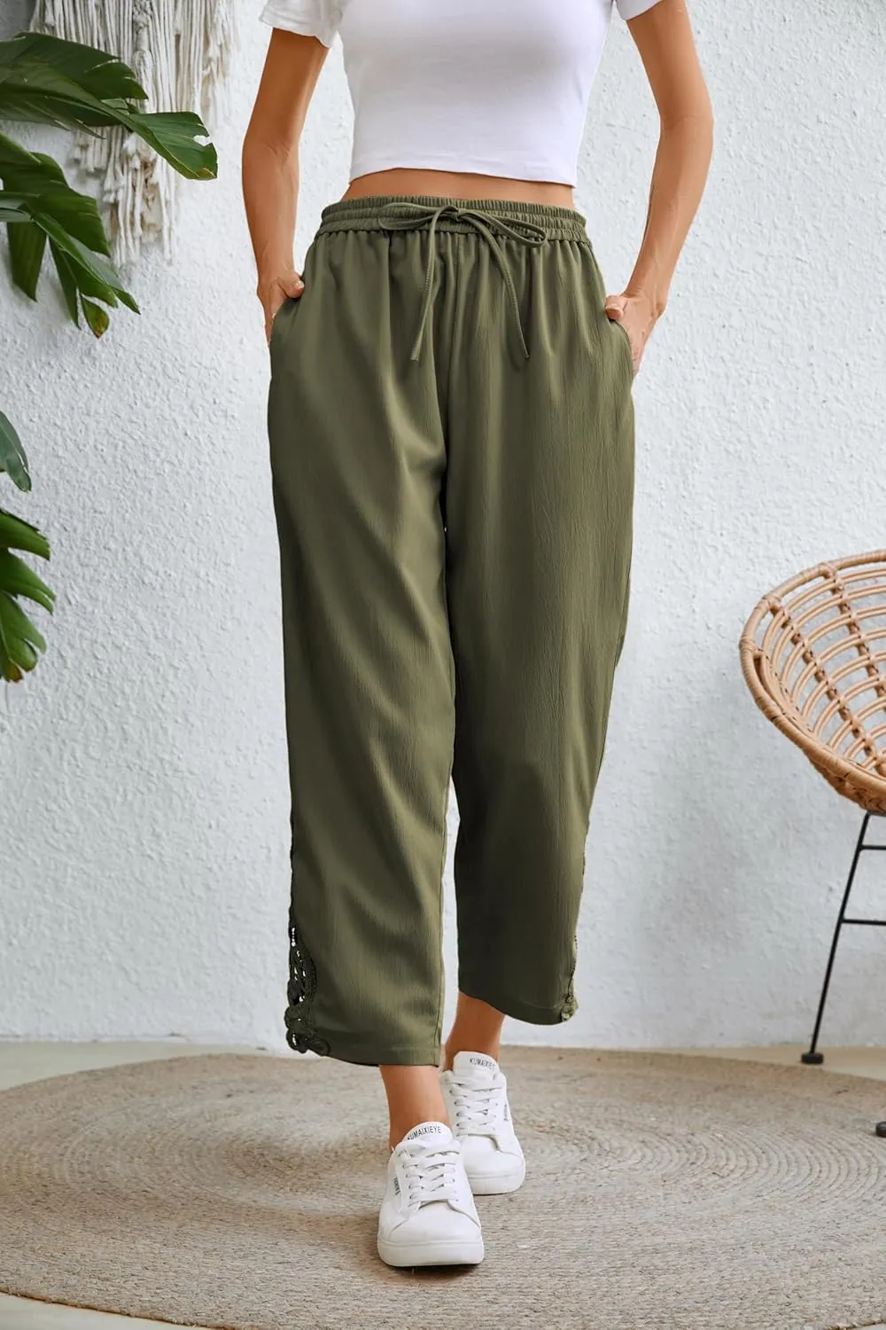 Women Fashion 2025 Casual Lightweight Drawstring Elastic Waist Pants with Pockets
