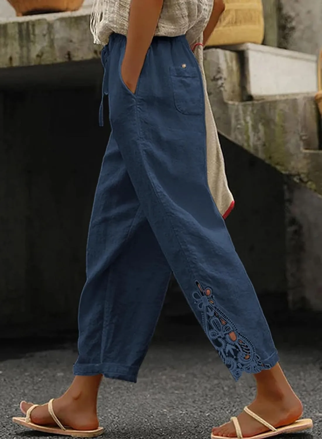 Women Fashion 2025 Casual Lightweight Drawstring Elastic Waist Pants with Pockets