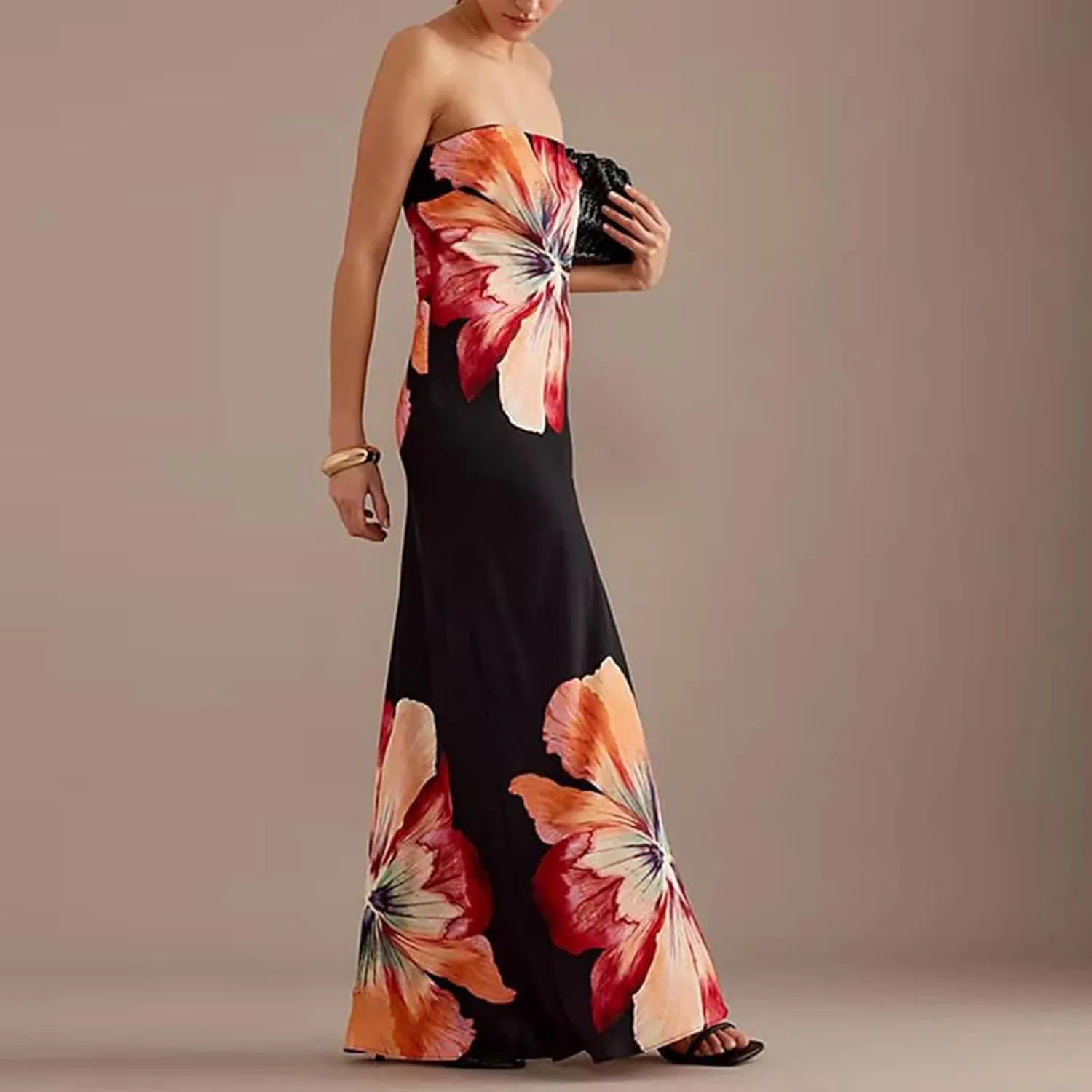 Women Floral Tube Strapless Maxi Dress Sexy Backless Bodycon Long Dress with Scarf Mesh Summer Cocktail Sundress