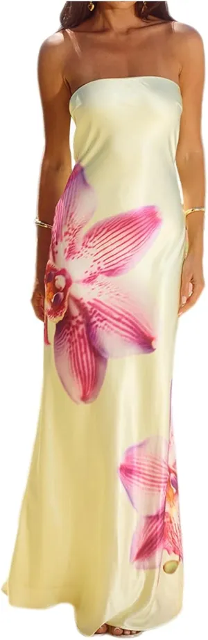Women Floral Tube Strapless Maxi Dress Sexy Backless Bodycon Long Dress with Scarf Mesh Summer Cocktail Sundress
