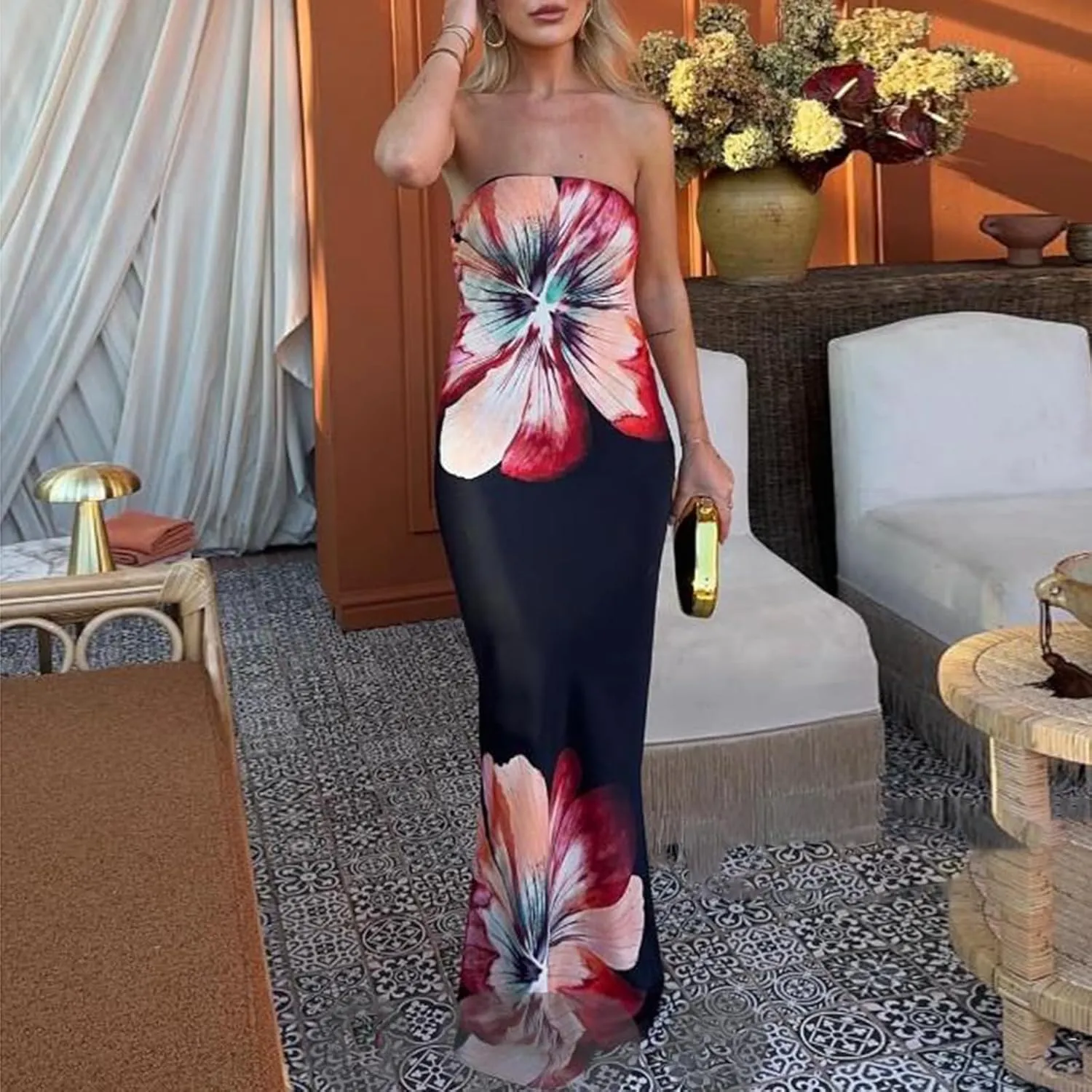 Women Floral Tube Strapless Maxi Dress Sexy Backless Bodycon Long Dress with Scarf Mesh Summer Cocktail Sundress