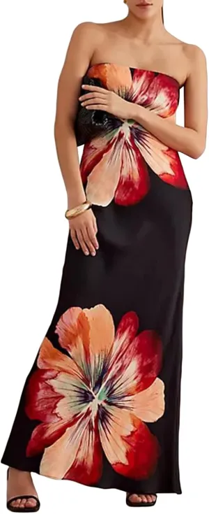 Women Floral Tube Strapless Maxi Dress Sexy Backless Bodycon Long Dress with Scarf Mesh Summer Cocktail Sundress