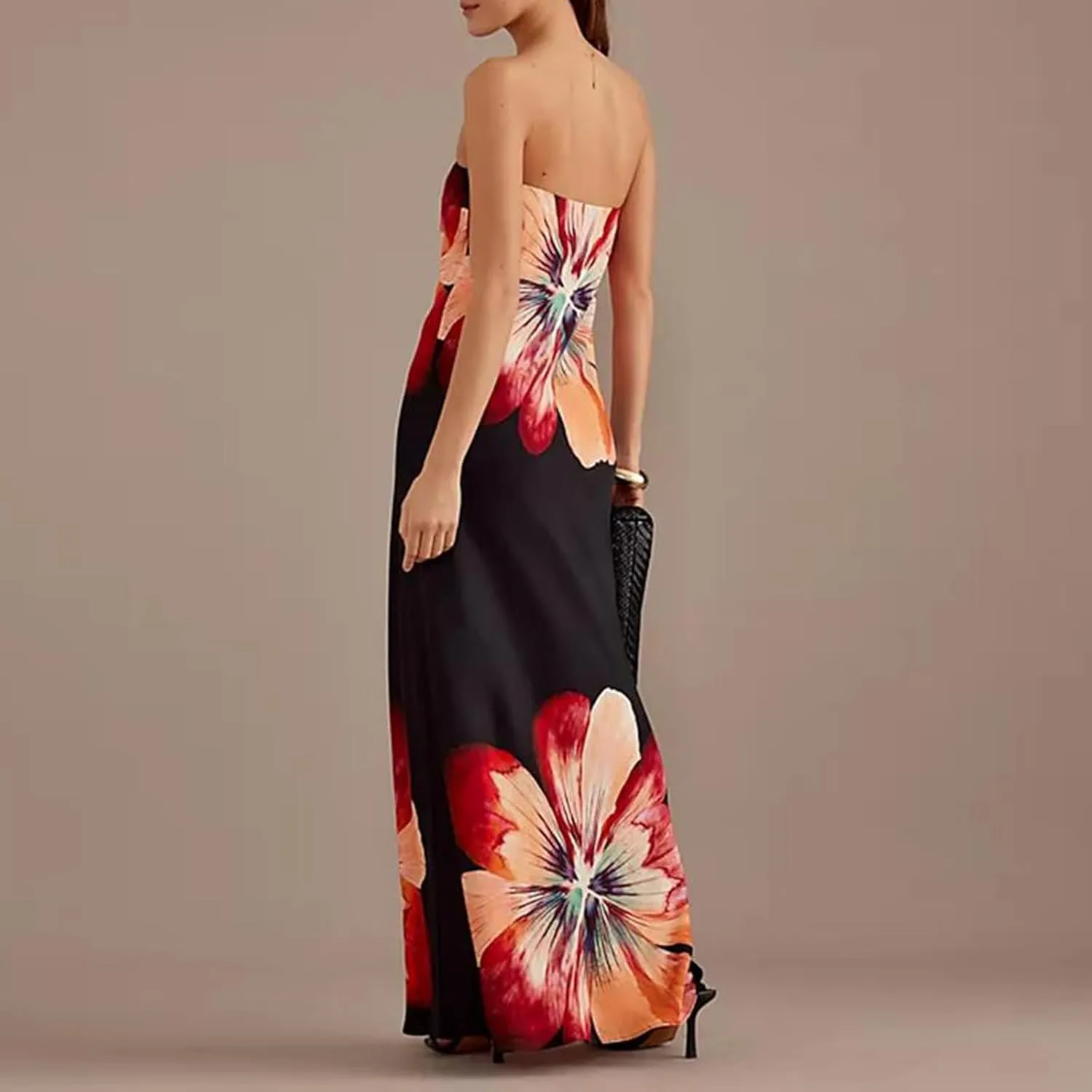 Women Floral Tube Strapless Maxi Dress Sexy Backless Bodycon Long Dress with Scarf Mesh Summer Cocktail Sundress