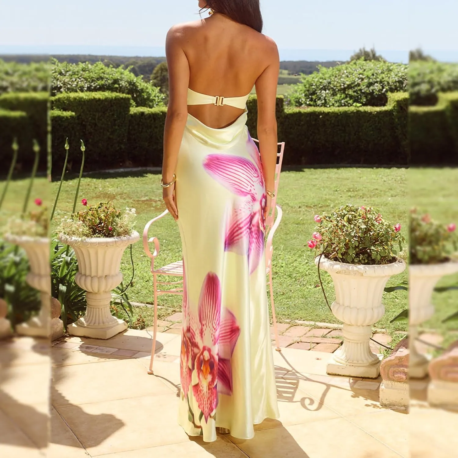 Women Floral Tube Strapless Maxi Dress Sexy Backless Bodycon Long Dress with Scarf Mesh Summer Cocktail Sundress