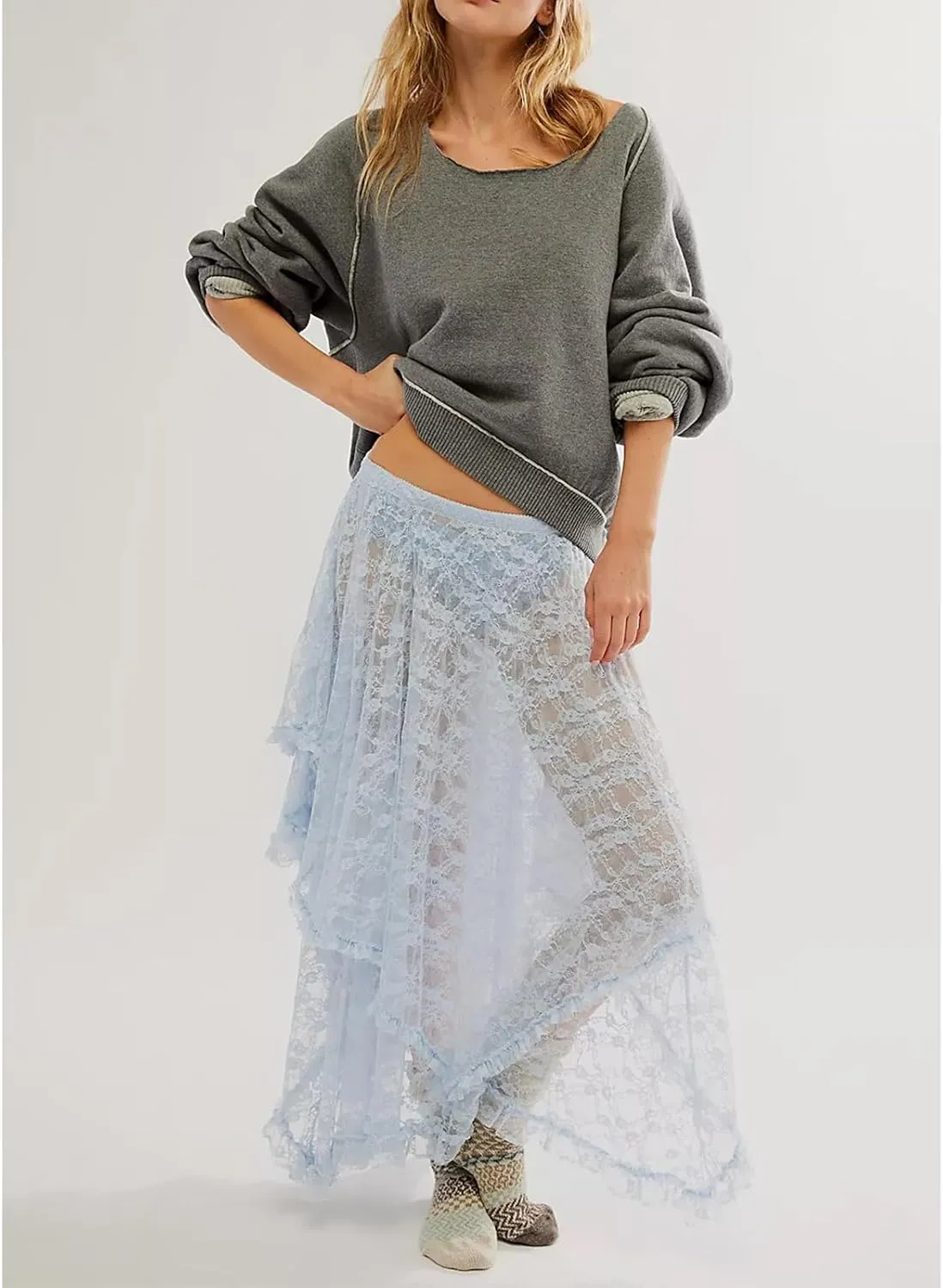Women Lace Long Skirt High Waist Ruffle Irregular Hem Layered Skirt Solid Sheer Y2k Summer Outfit