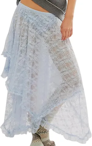 Women Lace Long Skirt High Waist Ruffle Irregular Hem Layered Skirt Solid Sheer Y2k Summer Outfit