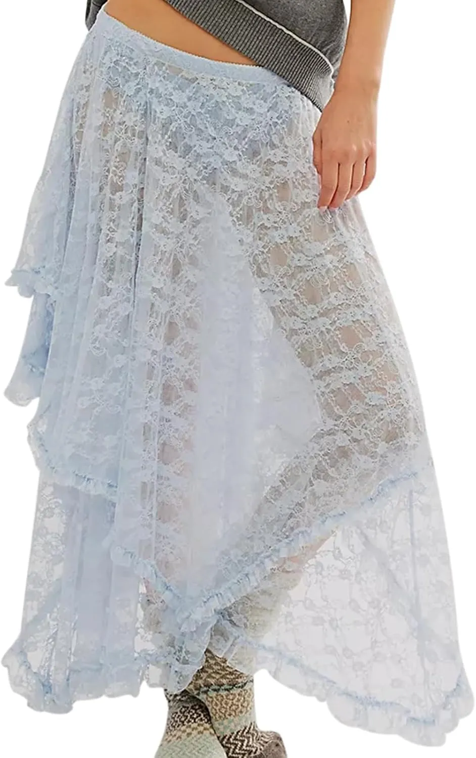 Women Lace Long Skirt High Waist Ruffle Irregular Hem Layered Skirt Solid Sheer Y2k Summer Outfit