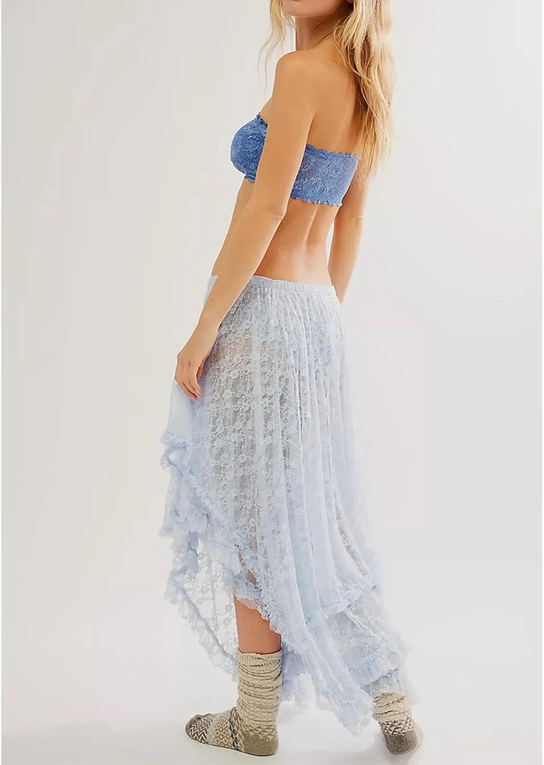 Women Lace Long Skirt High Waist Ruffle Irregular Hem Layered Skirt Solid Sheer Y2k Summer Outfit