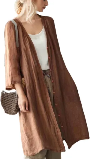 Women Linen Artistic Cardigan 2025 Casual Plus Size Jacket with Pockets Chinese Style Midi Long Trench Coats Outwears
