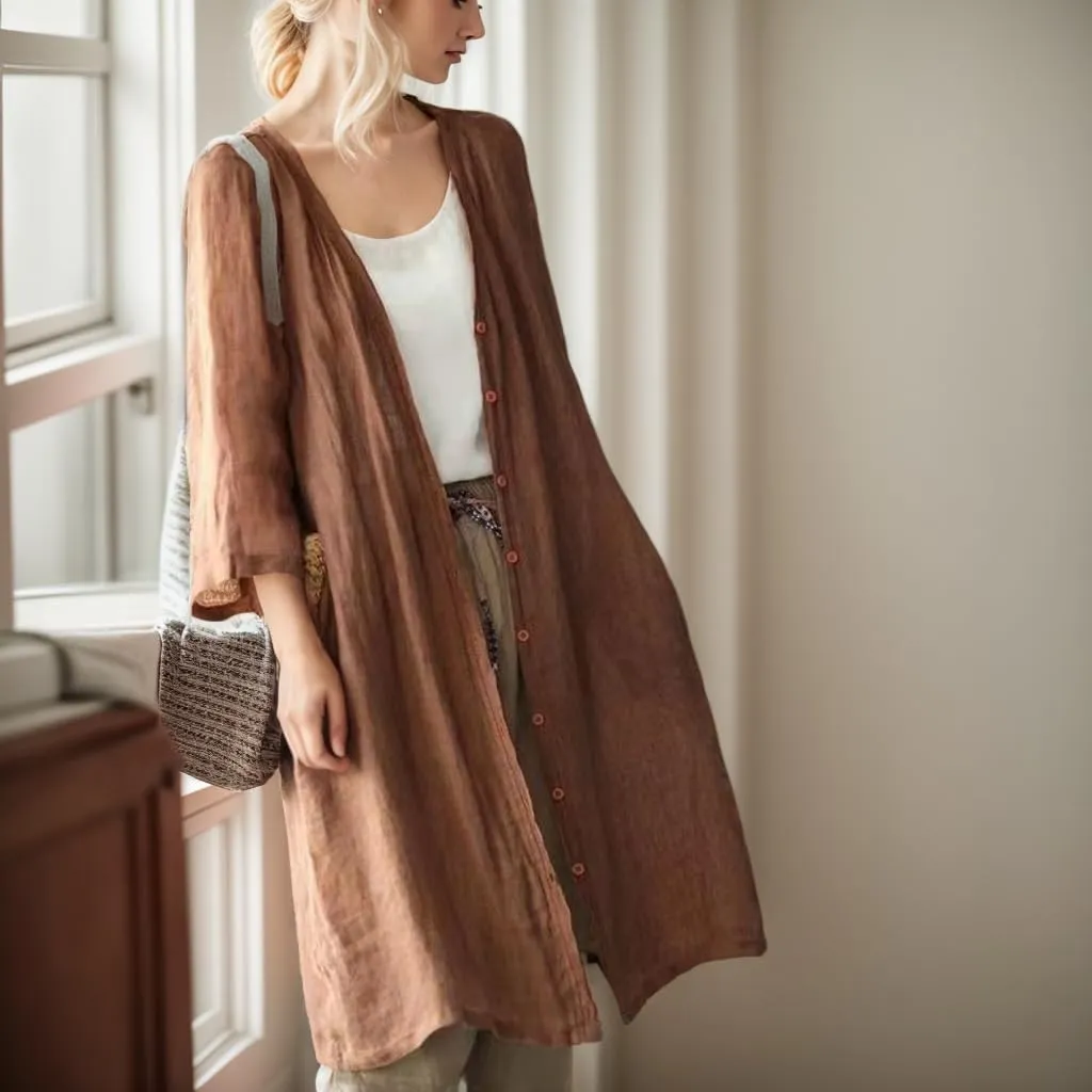 Women Linen Artistic Cardigan 2025 Casual Plus Size Jacket with Pockets Chinese Style Midi Long Trench Coats Outwears