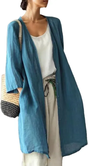 Women Linen Artistic Cardigan 2025 Casual Plus Size Jacket with Pockets Chinese Style Midi Long Trench Coats Outwears