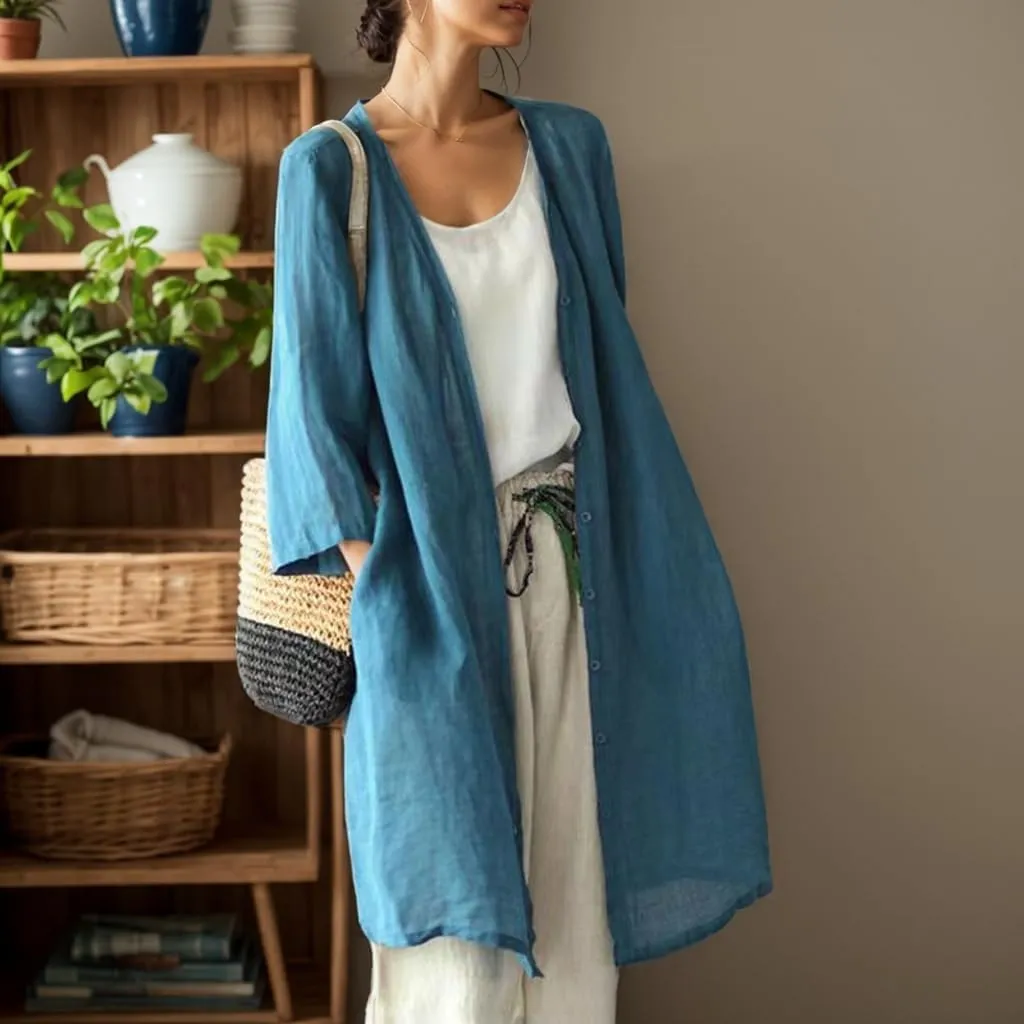 Women Linen Artistic Cardigan 2025 Casual Plus Size Jacket with Pockets Chinese Style Midi Long Trench Coats Outwears