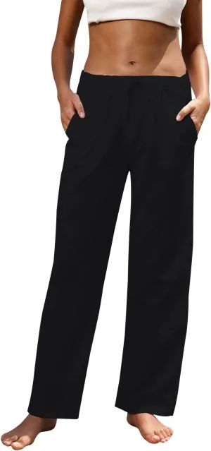 Women Linen Pants High Waisted Wide Leg Lounge Straight Summer Casual Loose Trousers with Pockets White